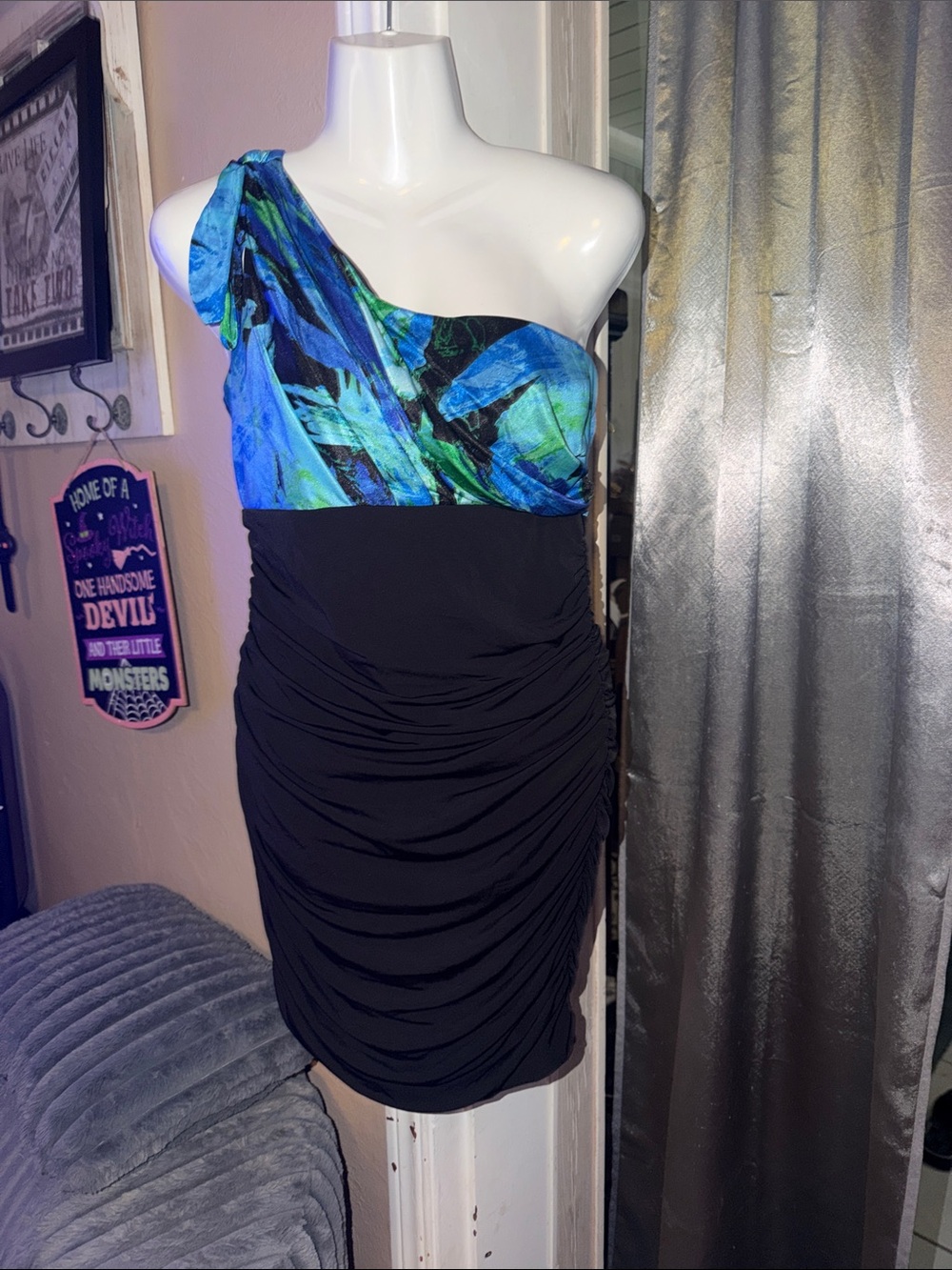 Women’s Vintage One-Shoulder Black Dress wBlue-Green Print Bodice Speechless LG